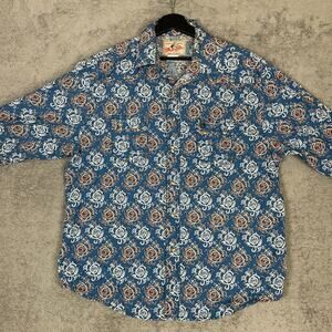 Vintage Wrangler Shirt Mens XL Blue Floral Print Pearl Snap Button Western